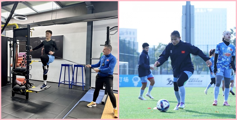 Một số cầu thủ tập bổ trợ thể lực cùng HLV thể lực tại phòng gym của trung tâm.