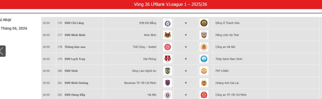 Lịch thi đấu vòng 26 V.League 1 2025/26